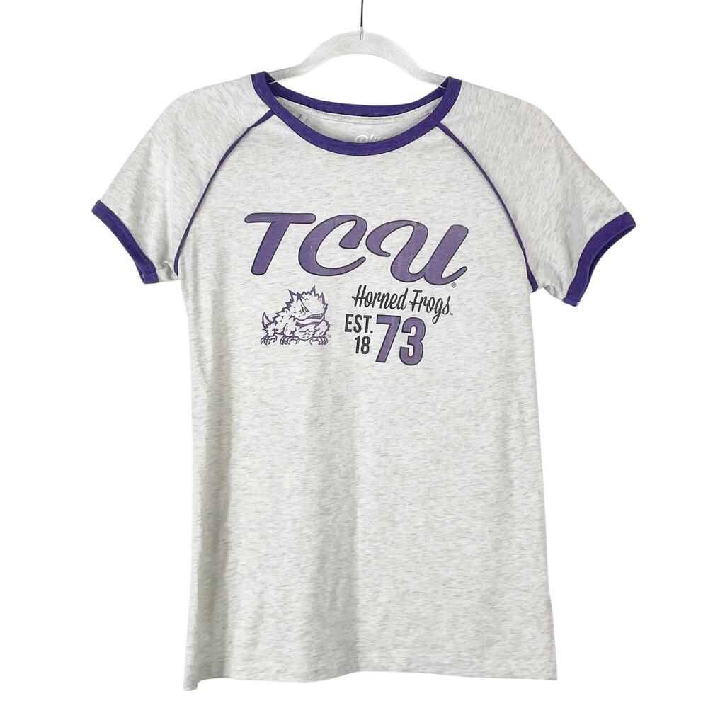 Blue 84 Y2K TCU Horned Frogs Women's Ringer T Shirt Size Small Oat Purple 2000s